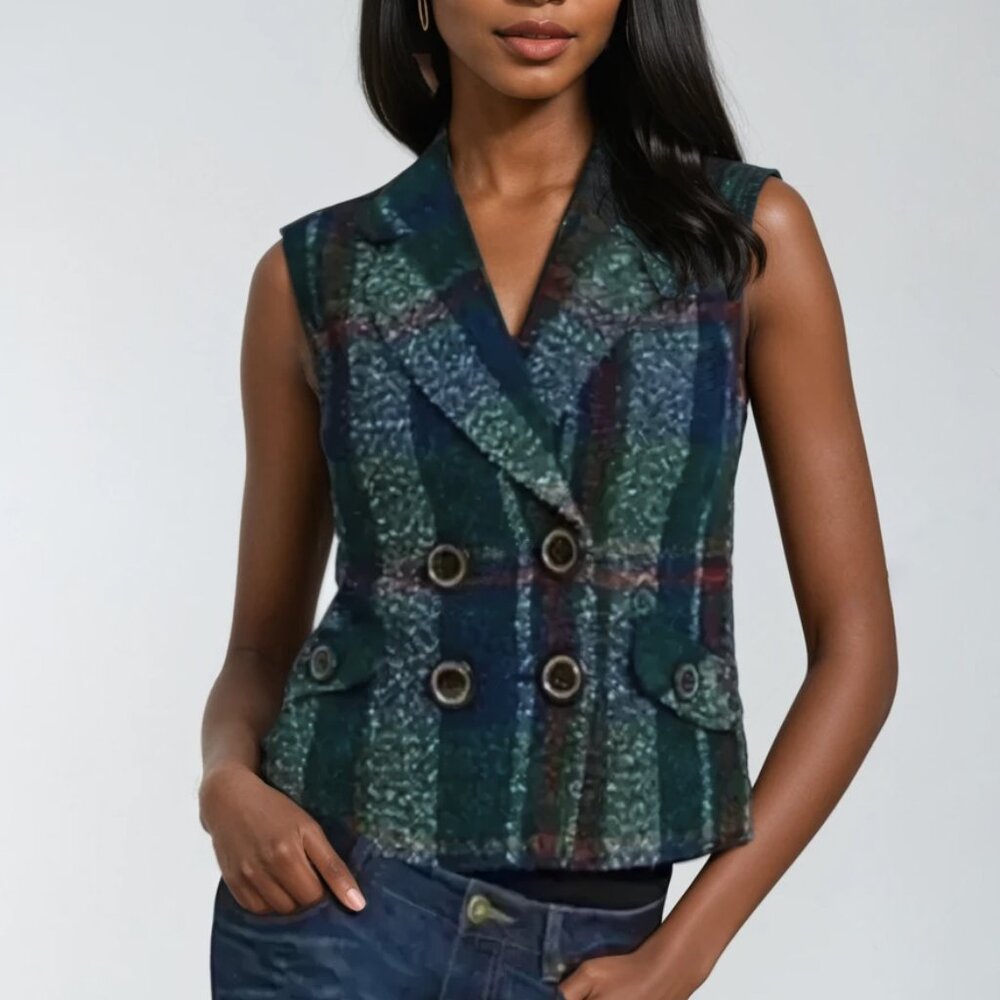 Cabi Plaid Vest Double Breast Flannel Size XS Tweed Casual